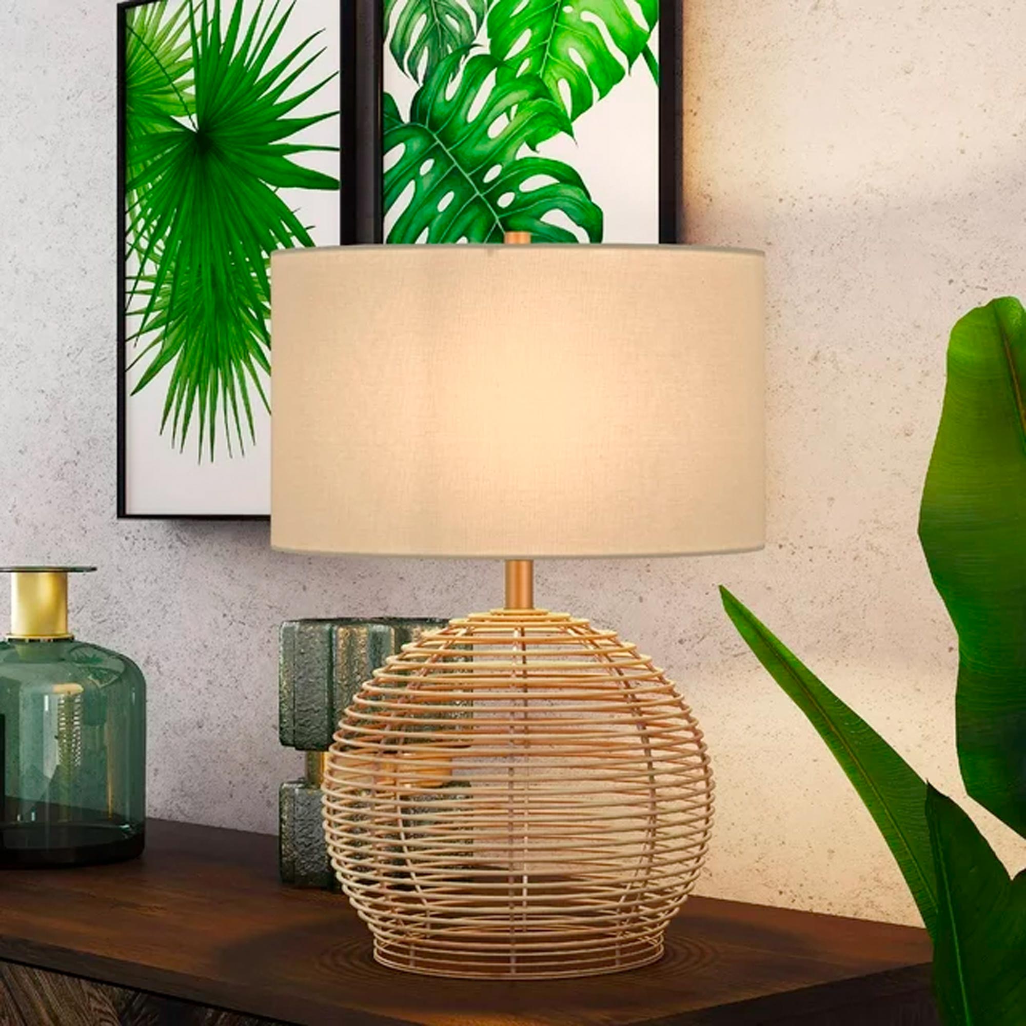 Evelyn&Zoe 21_ Coastal Rattan Table Lamp with White Drum Linen Shade - Imagen 2